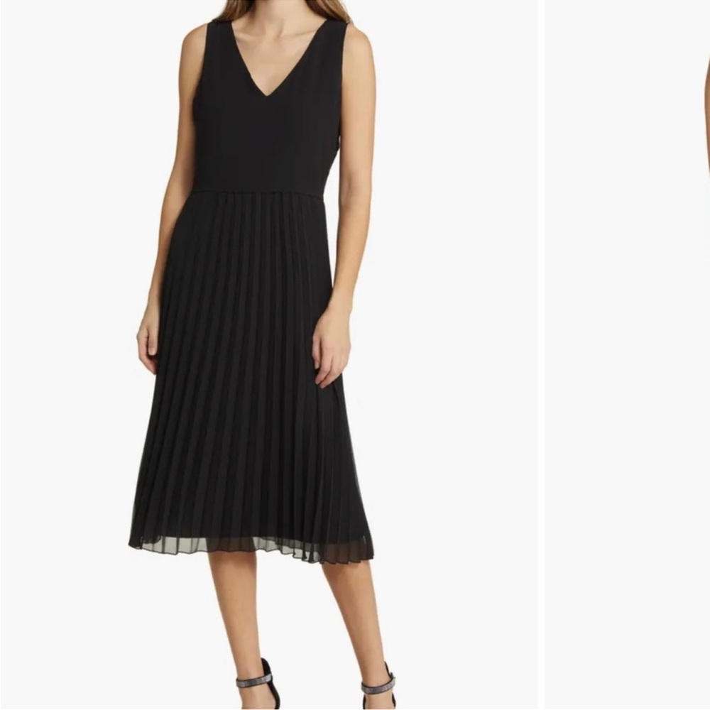 Sam Edelman Black V-Neck V-Back Sleeveless Pleated Skirt Midi Dress - Reemoly
